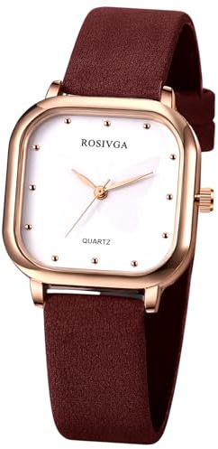 Silverora Montres pour femmes montres carrées pour femmes : montre à quartz analogique ultra fine rectangulaire papillon échelle de points montres avec bracelet en cuir cadeaux pour femmes, café,