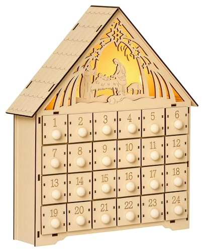 HOMCOM Adventskalender zum Befüllen 24 Fächer Naturholz 26,6 x 6 x 30 cm | Schubladen, Weihnachtskalender, LED-Lichter, Adventskalenderbox, Weihnachtsdekoration, DIY, MDF-Platte