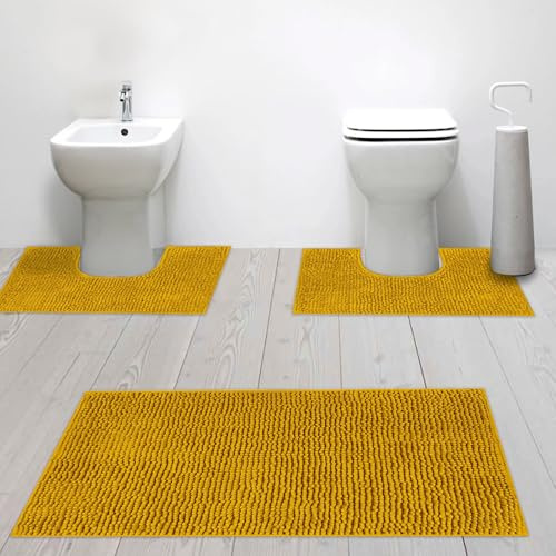 Susanna Home – Set 3 Tappeti da Bagno in Microfibra Shaggy Antiscivolo, Tappeto Rettangolare, Giro Water e Giro Bidet, Super Assorbente, Morbido e Lavabile - Disponibile in Diversi Colori (OCRA)