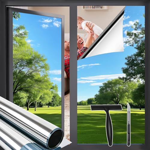 Zindoo Window Film Privacy One Way Clear, Reflective Window Film Anti Glare, Privacy Film for Glass Windows with Tools, UV Blocking Self Adhesive Window Tint Film Home Office Car (40x200cm, Silver)