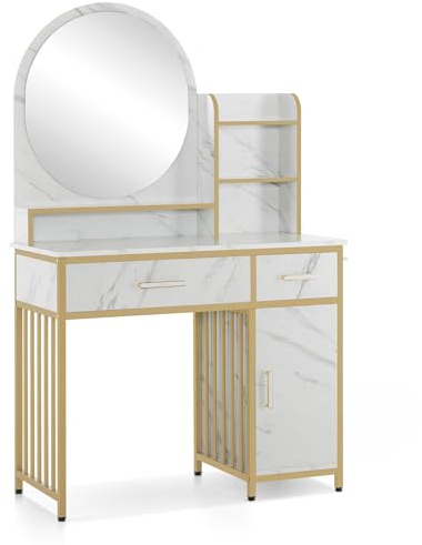 M MCombo Schminktisch mit Spiegel, Frisiertisch Make-up Tisch mit 2 Schubladen, 3 Offene Ablagen, Föhnhalter, Kosmetiktisch aus Holz Metallgestell, Weiß-Gold, 2501