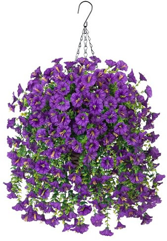 Artificial Hanging Flowers with Basket Outdoors Fake Flowers Plants,3 PCS Faux Silk Morning Glory Flower with Eucalyptus UV Resistant Faux Petunia Greenery Vines for Home Porch Patio Balcony Yard