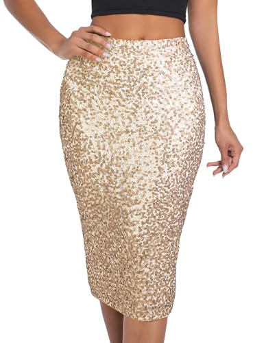 BALAYSIER Damen Glitzer Rock mit Futter Elastische Taille Pailletten Rock Midi Bleistiftrock für Bankette und Partys(Blasses Gold,XL)