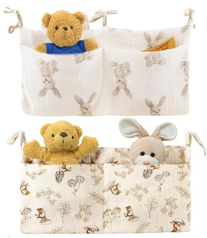 Elitecran Babybett Organizer Hängend, 2 Stück Crib Pocket Organiser mit Baumwollstoff, 2 Fächern, multifunktionaler Raumausstatter für Wickeltaschen, Krippe, Beistellbett, Spielzeug