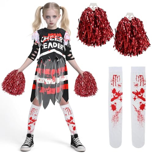KOOOGEAR Kinder Cheerleading Zombie Kostüm,Halloween Zombie Kostüm,Horror Cheerleading Rock,Kinder Cheerlead Rock Halloween Karneval Rollenspiel (XL: 8-9 Jahre)