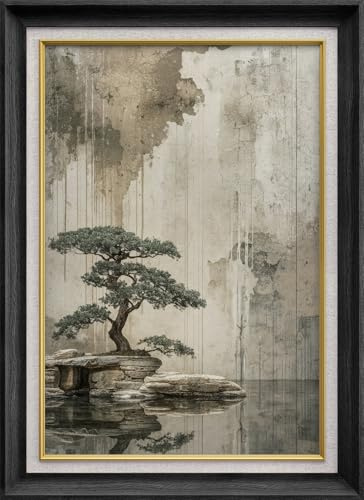 SIGNWIN Premium Frame Art Zen Bonsai Tree Landscape Tranquil Illustrations Fine Art Traditional Iconic for Living Room, Bedroom, Office - 26x36 Black