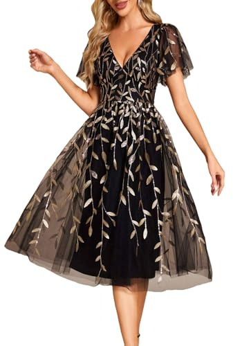 Ever-Pretty Robe Cocktail Femme Midi Paillette et Tulle Col V Manches Courtes Or Noir 46