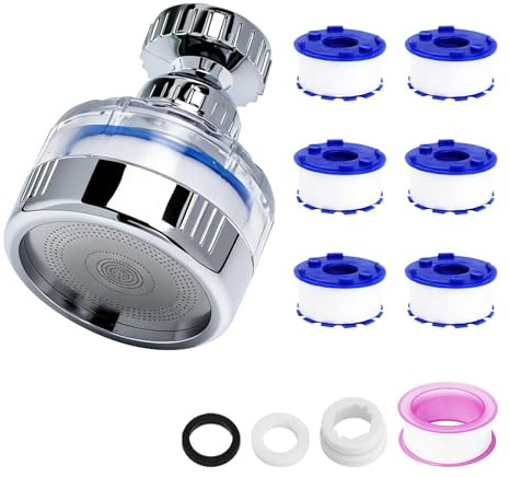 Wasserfilter Wasserhahn Entkalker Aufsatz 360° Drehbare Sprühdüse,PTFE-Band | Universeller Kalkfilter, Water Tap Filter, mit 6 Baumwollfilterelement, Geeignet für Spüle, Küche, Home, Badezimmer