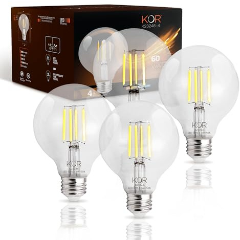 KOR LED G25 Filament Globe Bulbs, 4 pack, 60 Watt Equivalent, 5000K Bright White, Edison Dimmable 5.5W, E26 Medium Base, 500 Lumens, CRI 90, Clear Glass Light Bulbs for Bathroom, Makeup Mirror, Vanity
