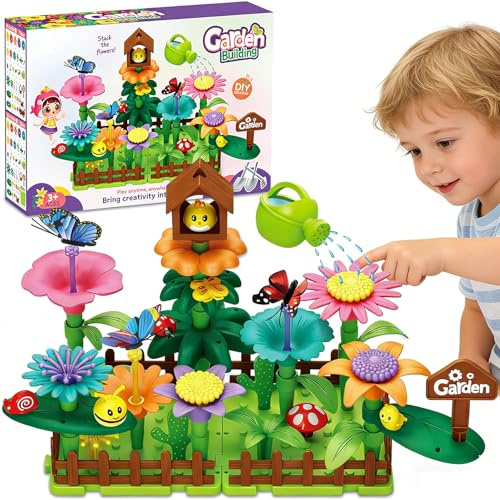 OZXVXZO Blumengarten Spielzeug für 3-6 Jährige Mädchen, Montessori Spielzeug Blumen Bausteine Motorikspielzeug, Kunst Blumenarrangement Geschenk für Mädchen und Jungen (75PCS)