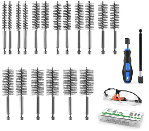 21Pcs Bore Brush Set, Stainless Steel Wire Brushes, 9 Sizes (5/16’’-1-1/8’’) Drill Wire Brush with 1/4 Hex Shank, Includes Bore Brush Handle, 10mm Extension Bar, Goggles for Engine and Pipe Cleaning