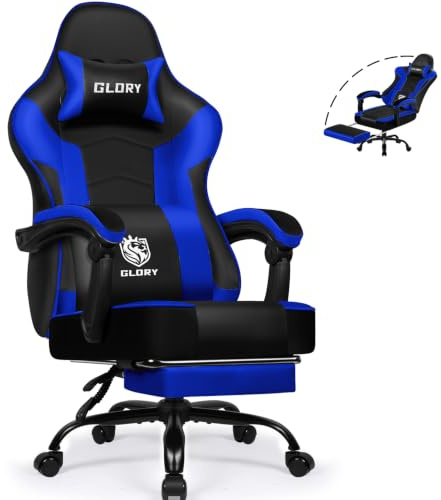 minnouat Gaming Stuhl Ergonomischer mit Fußstütze, Gaming Chair Bürostuhl 150 kg Belastbarkeit, Gamer Stuhl aus Kunstleder, Höhenverstellbarer PC Zockerstuhl für Jugendliche Erwachsene, Blau