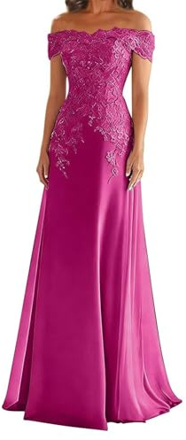 WISIYLE WQL049 - Vestido de manga casquillo para la madre de la novia, vestido largo de gasa con apliques de encaje, formal, fiesta de noche, vestido largo, fucsia, 40