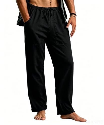 Cegerne Pantalon en Lin Homme Long Léger, Pantalon d'Été Décontracté avec Taille Élastique et Cordon, pour Plage Vacances Médiéval Vintage Usage Quotidien, Noir, L