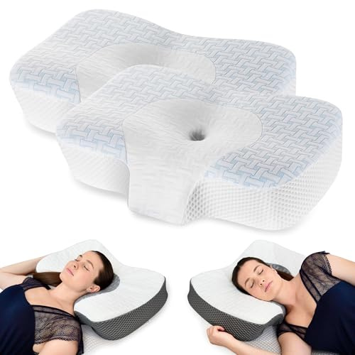 Elviros Lot de 2 oreillers cervicaux en mousse à mémoire de forme pour dormir sur le côté, oreillers orthopédiques pour dormeurs sur le dos et le ventre, oreiller ergonomique réglable pour soulager la