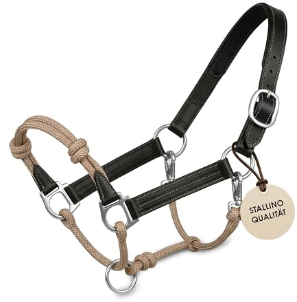 STALLINO Halfter für Pferde aus Leder – hochwertiges Pferdehalfter für Bodenarbeit & Training – mit Rope-Nasenstück & Metallbeschlägen – Halfter Pony, COB, Full – Schwarz/Beige (Edelstahl, COB)