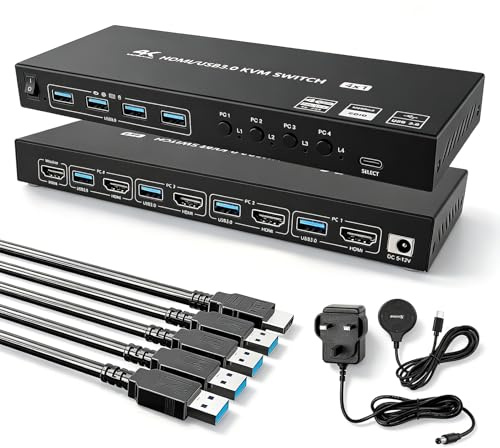4 Port HDMI KVM Switch 4 Computers 1 Monitor 4K@60Hz,Simulation EDID for Stable Window Memory,4 USB 3.0 Ports Share Keyboard Mouse & Printer,with Wired Remote,12V Power Adapter & 4 Cables,Plug & Play