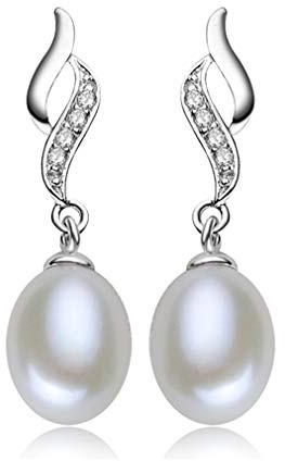 YAXUN Pendientes perlas mujer plata de ley 925 de cristal de circonita pendientes largos con colgantes en 9mm perla natural de agua dulce joyería de moda regalos para mujeres y niñas