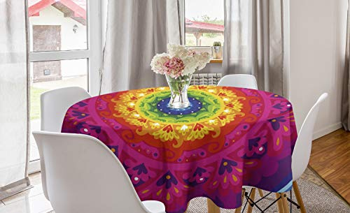 ABAKUHAUS lila Mandala Runde Tischdecke, Regenbogen-Hippie, Kreis Tischdecke Abdeckung für Esszimmer Küche Dekoration, 150 cm, Rosa Rot