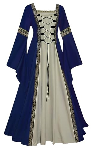 Feynman Robe médiévale pour femmes avec manches trompettes, robe victorienne de la reine médiévale de la Renaissance gothique, robe maxi de carnaval Halloween, Bleu Foncé, XL