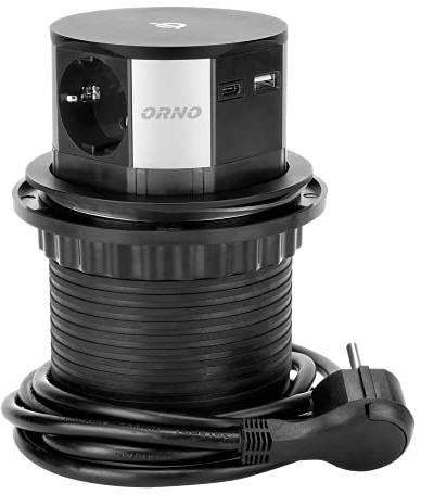 ORNO GM-9017(GS) Möbeluttag Pop-Up 3-vägs Ø10cm från Bänkskiva med Induktiv USB-laddare och 1,5 m Kabel 3x2P+J (Schuko) Qi 1.2.4 max. 10W 2xUSB QC 3.0