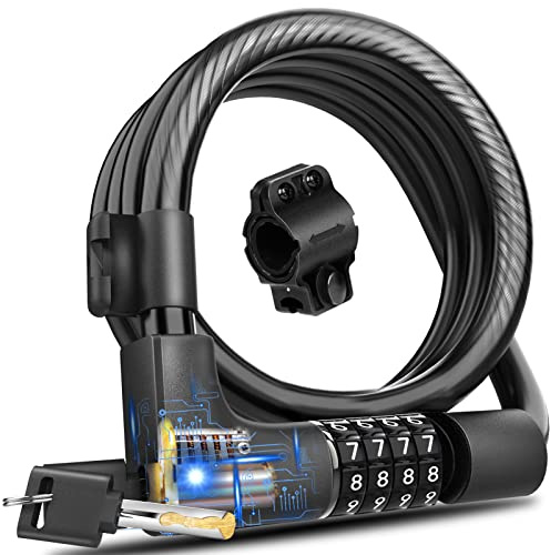 KEYSTP Bike Lock Cable with Combination Key,Password Lost Retrievable Bicycle Lock Anti-Theft,Resettable with Mounting Bracket for Bikes and Scooters