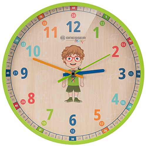 Bresser Junior Kinder-Wanduhr - lautlos - mit Flora, Luna oder Lukas Family auf dem farbenfrohen 25-cm-Ziffernblatt, Grün