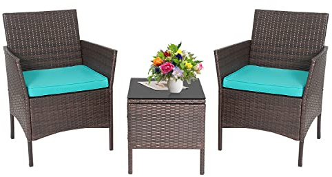 PayLessHere 3-Piece Outdoor Wicker Conversation Bistro Set Outdoor Patio Porch Furniture Sets for Yard, Garden with 2 PE Rattan Wicker Chairs, 2 Cushions,1 Coffee Table (Blue)