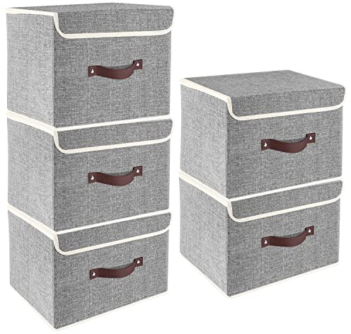 TYEERS Foldable Storage Boxes with Lids 5 Pack Fabric Storage Bins with Lids, Closet Organizers for Clothes Storage, Room Organization, Office Storage, Toys - Gray