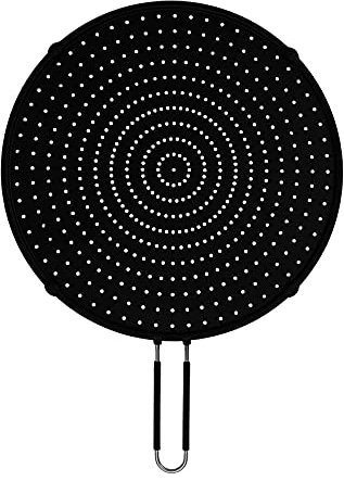 Silicone Splash Guard, 13 Inch Boil Over Protection with Insulated Handle, Heat Resistant Pan Cover/Strainer Splash Guard for Cooking and Roasting (Black)