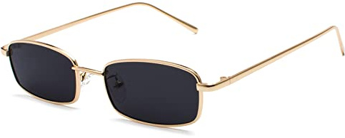 Ggpyyon Vintage Narrow Rectangle Sunglasses for Women Men, Retro 90s Small Metal Frame Square Glasses Candy Colors(Gold/Grey)