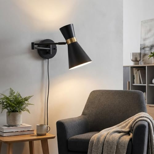 B·LED BARCELONA LED Applique da Parete Camera da Letto Articolata Nera Dorata Vintage Retro Lettura Letto – Lampada da Parete Interna con Braccio Estensibile e Paralume Orientabile, Alluminio E27