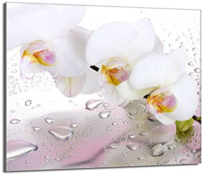 Herdabdeckplatte 60x52 Einteilig Glas für Elektroherd und Induktion Herdschutz Spritzschutz Glasplatte Deko Schneidebrett, Orchidee Weiß