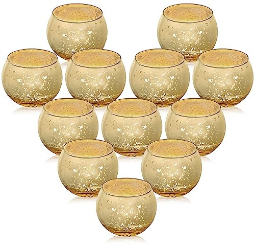 LALAGO Rund Teelichtgläser 12er Set, Gefleckt Teelichthalter Glas,Quecksilberglas Teelichthälter Votivkerzenhalter für Teelicht Deko Weihnachten Tischdeko Hochzeit(Gold)