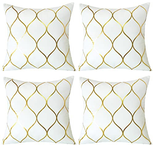 JOTOM Dekorative Kissenbezug 4er Set Gold Heißpräge Kissenhülle Modern Warm Sofakissen Dekokissen Bezug für Couch Bett Sofa Stuhl Outdoor Garten (45x45 cm, Weiß)