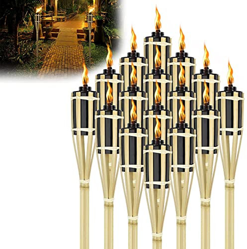 LZQ 12 torce da giardino per esterni, 90 cm, fiaccole a olio, in bambù, con stoppino, per esterni