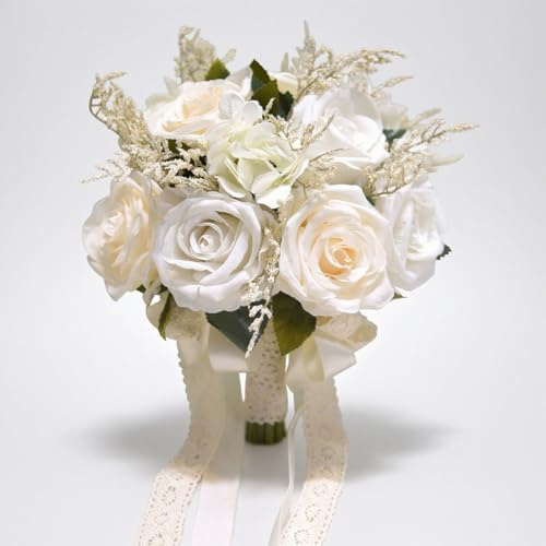 LESING Ramos de Boda de Novia, Ramo de Rosas Artificiales, Hecho a Mano, románticos, Ramos de Boda para Novia, Dama de Honor, con Flores (Ramo de Rosas Blancas 1)