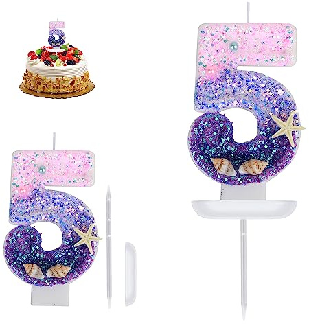 Meerjungfrau Geburtstag Deko - Geburtstagskerzen mit Zahlen 5 für Kinder & Torte - Tortendeko & Kuchendeko für Geburtstagsfeier