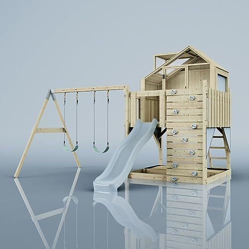 Rebo Spielturm mit Spielhaus inkl. Wellenrutsche und 2X Kinder-Schaukel, Outdoor Klettergerüst Garten,Eisblau