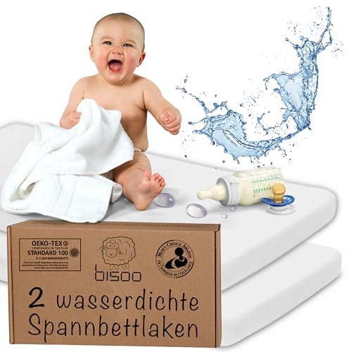Bisoo Spannbettlaken 90x40 für Kinderwagen Beistellbett Babywiege - 2in1 Matratzenschoner 40x90 Baby Wasserdicht Spannbettlaken 100% Baumwolljersey Öko-Tex Zertifiziert - 2 Stück Set Weiß