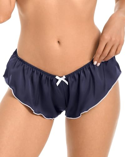 Satin Low Rise Fluted Sissy French Knickers Briefs Panties (Midnight Blue - White, L)