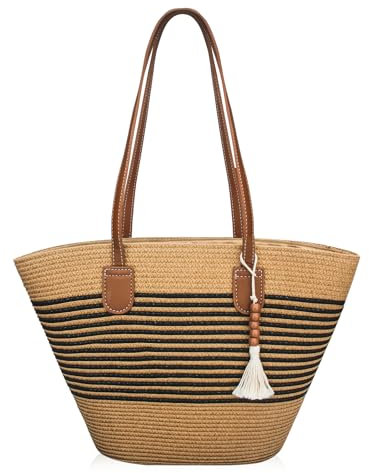 boshiho Sommer Stroh Strandtasche Damen - Handtasche Geflochten Braun groß, Strand Umhängetasche Strohtasche Korbtaschen für Reisen Urlaub, Arbeit, Outdoor, Shopper (Braun Schwarz)