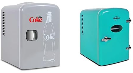 Koolatron Diet Coke Mini Fridge 4L Small Fridge 6 Can Table Top Mini Fridges 12V Portable Cooler Grey + Retro Mini Fridge 4L 6 Can Quiet Mini Fridges for Skincare Food Drinks Home Car & Travel Green