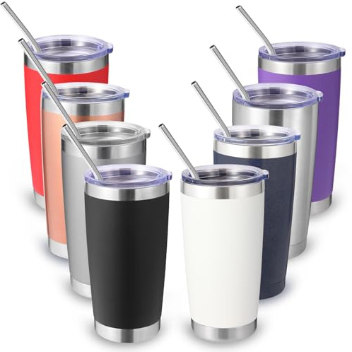 Volhoply 550 ml reseisolerat glas med lock och sugrör storpack 8-pack, dubbelvägg rostfritt stål kaffemugg passar kopphållare, pulverlackerade koppar för varma och kalla drycker, BPA-fri (mix, 8 set)