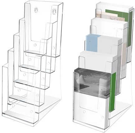 Sutowe 2Pcs Brochure Holder 5 Tier Transparent Acrylic Brochure Display Stand Literature Rack Organizer Wall Mount/Desktop Leaflet Stand for Booklet Menu Flyer