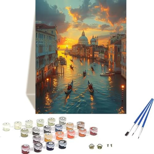 Malen Nach Zahlen Erwachsene Venedig, Sonnenuntergang Malen Nach Zahlen Kinder DIY Leinen Leinwand Ölgemälde Kits, Home Haus Decor Geschenk mit Pinsel und Acrylpigment, (40x50cm) (Ohne Rahmen) 7-0