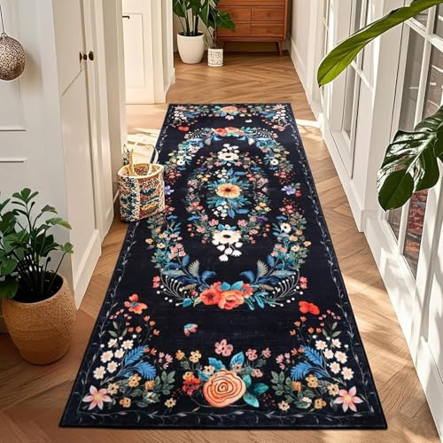 Schwarz Blume Teppich Läufer Flur Rutschfest 80x200cm, Boho Weich Langer Läufer, Waschbar Kurzflor Küchenläufer Rutschfest, Teppichläufer Flur Flurteppich Flurläufer für Küche Schlafzimmer Wohnzimmer