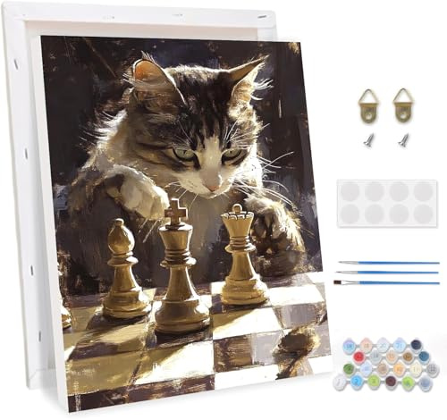 TOSTOG Malen Nach Zahlen Erwachsene mit Rahmen,Katze und Schach Acrylmalerei Set DIY Handgemalt Ölgemälde Kit Paint by Numbers Adult Beginner,Hause Dekoration Verwendet Werden 30x40cm