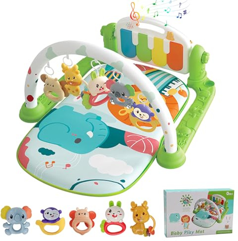 Polegas Baby Play Mat, Piano Baby Play Gym with Music, Lights and 5 Sensory Baby Toys, Thicken Fun Baby Gym for Newborn 0-36 Months, Perfect Gift for Boys and Girls, Detachable & Convenient