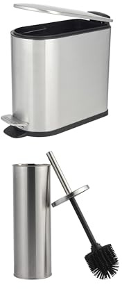 Beldray Bathroom Pedal Bin And Toilet Brush Set, 5L, Soft Close Lid | Stainless Steel, Silver Finish, D-Shaped Space Saving Design, Hands Free Pedal, Silicone Bristles, Closed Top Holder